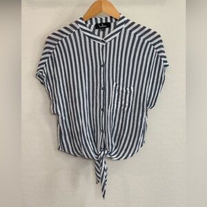Lulu's Navy and White Striped Button Down Front Tie Shirt Size Medium
